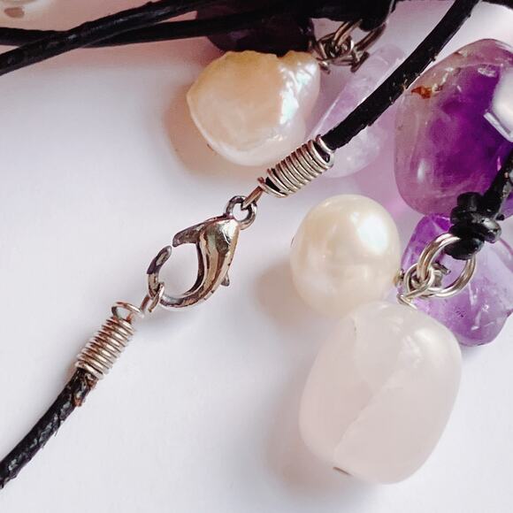 VTG Pendant Necklace 17" Gemstone Amethyst Rose Quartz Freshwater Pearl Cluster - Picture 13 of 14